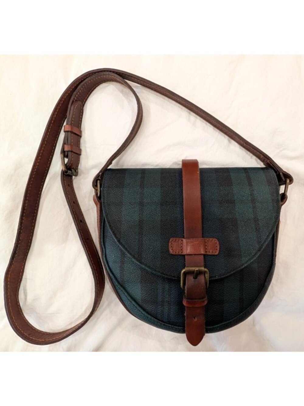 Vintage 90's Polo Ralph Lauren Saddle Crossbody Shoulder Bag, Black Watch Tartan - Picture 8 of 16